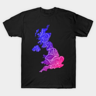 Colorful mandala art map of United Kingdom with text in blue and violet T-Shirt